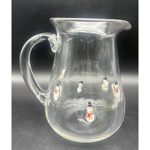 Anthropologie FESTIVE Icon SNOWMAN Large Blown Glass Pitcher Applied Handle 96oz - Picture 3 of 9